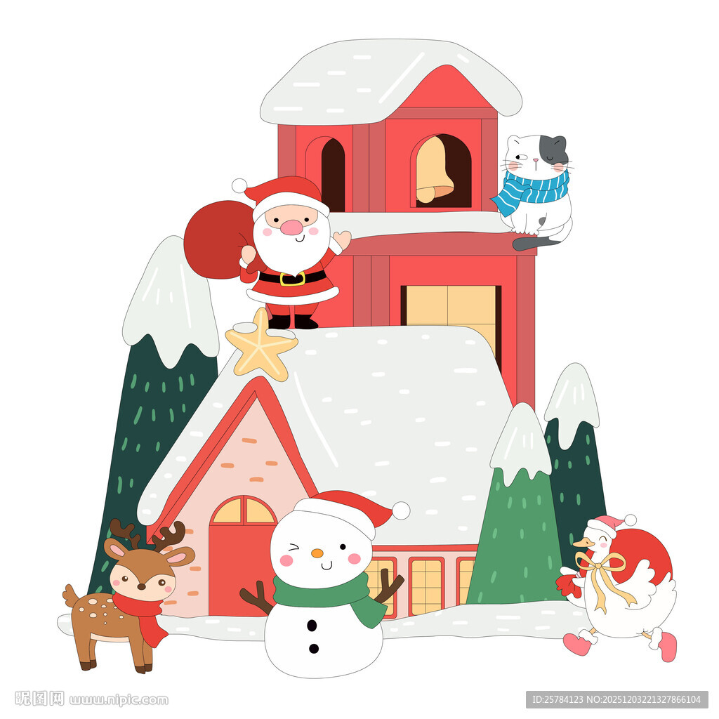 冬季圣诞节老人雪人驯鹿猫咪插画