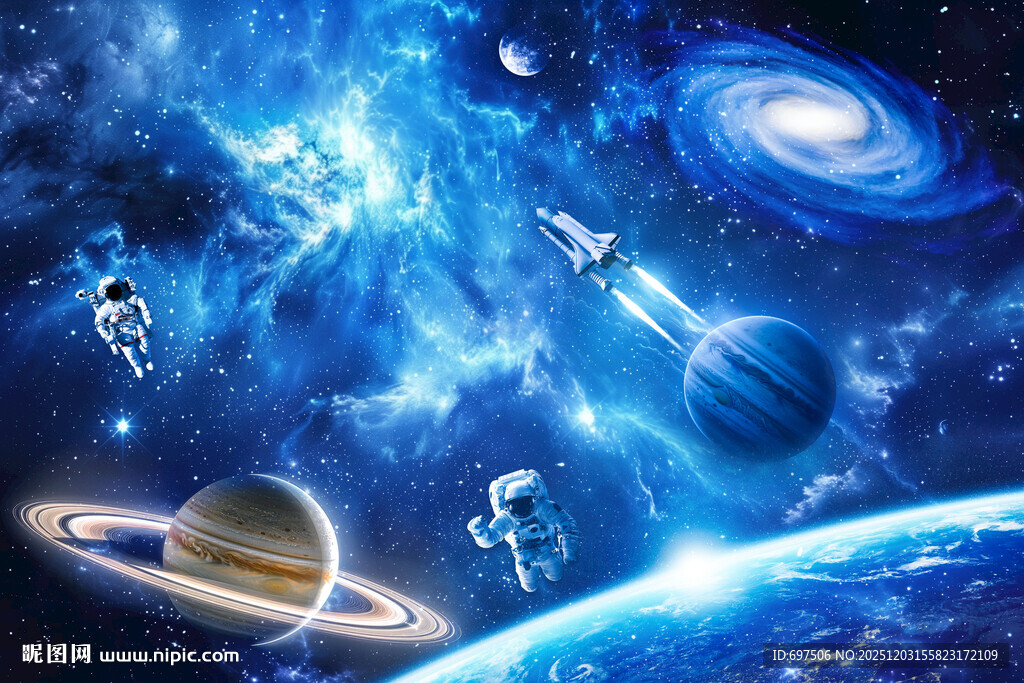 蓝色宇宙星空外太空火箭星球背景