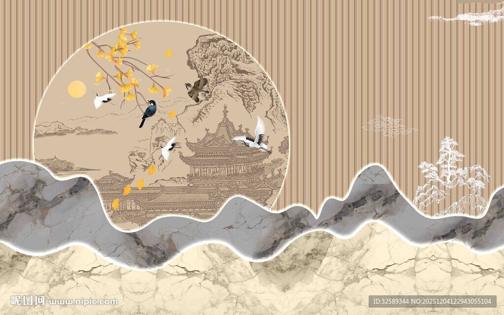 中式山水仙鹤复古风插画