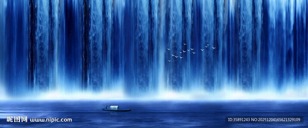 蓝色瀑布山水画