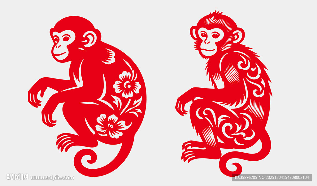剪纸风红色猴子图案