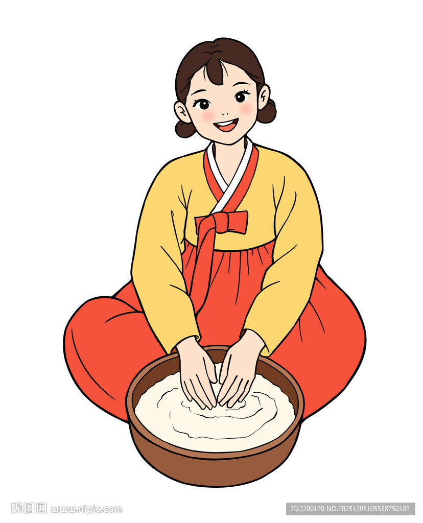 韩服女子专注制作米酒