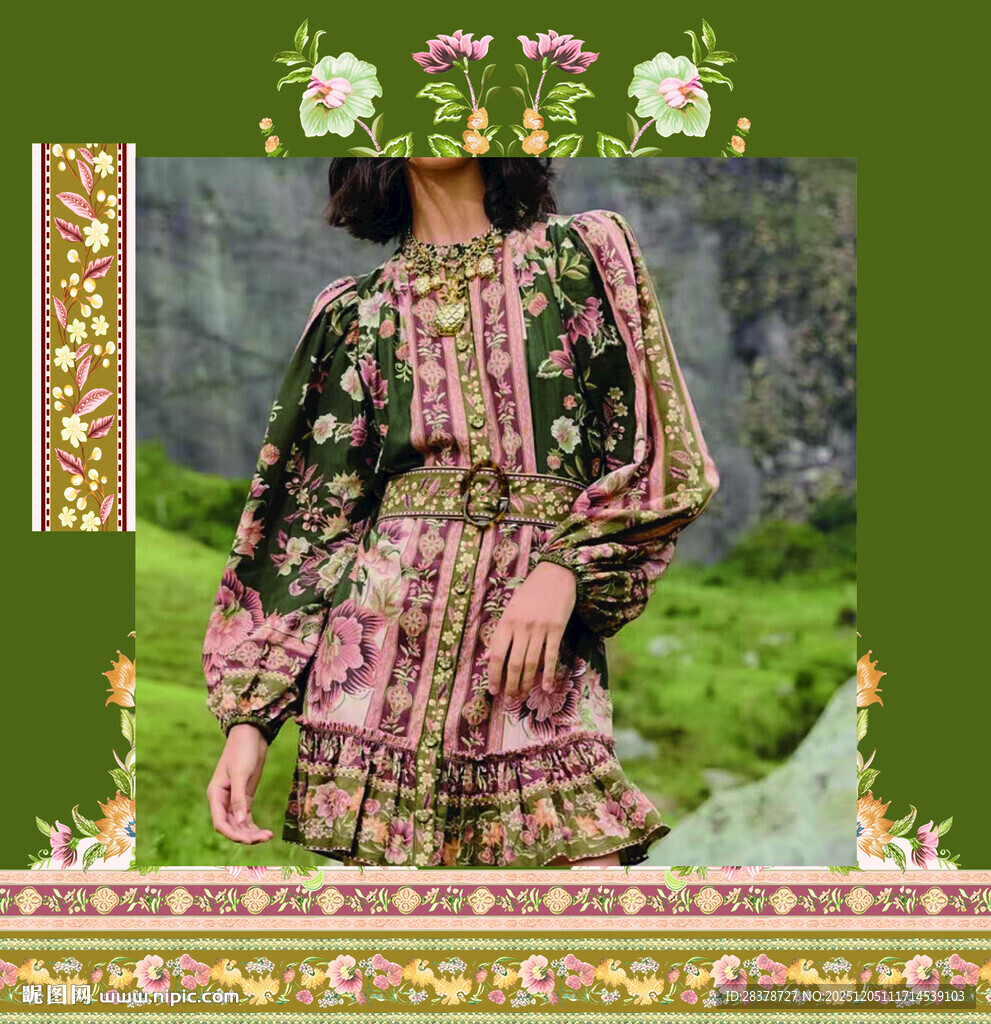 复古花卉图案民族风连衣裙