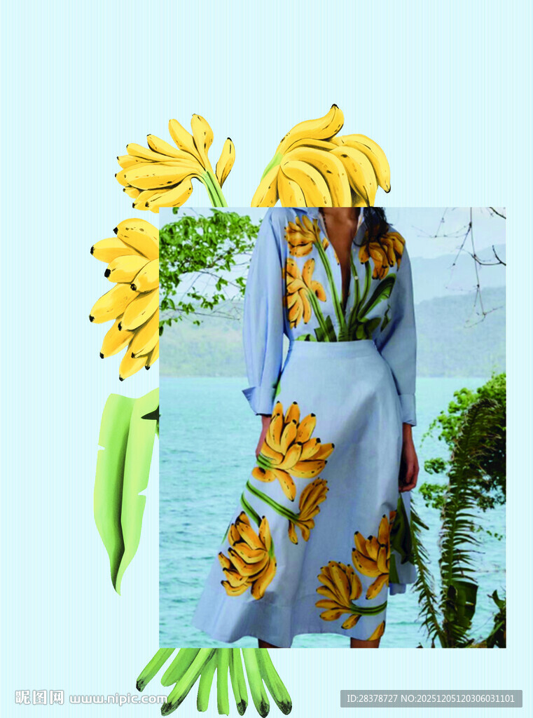 蓝色布料旁的多样香蕉植物