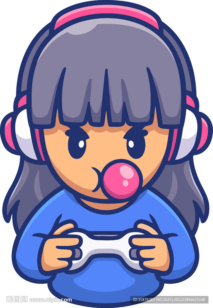 戴耳机玩游戏的卡通女孩