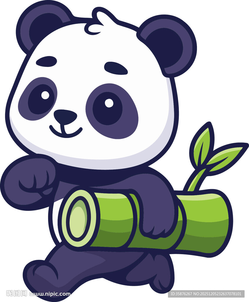 可爱熊猫扛着翠绿竹子