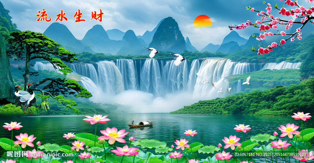 荷花山水风景画