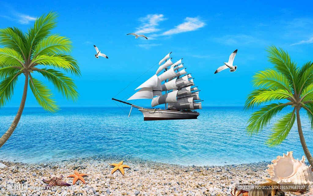 蓝天大海沙滩椰树背景墙