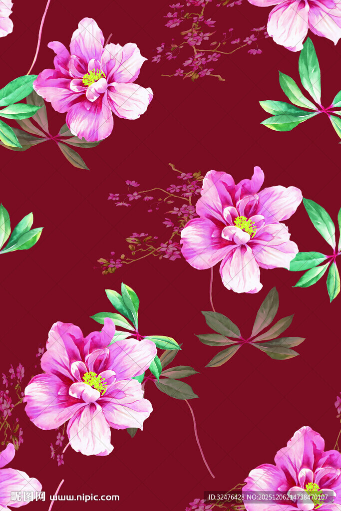 深红底粉色花卉图案