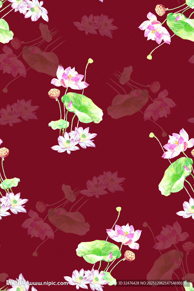 深红底荷花蜻蜓图案
