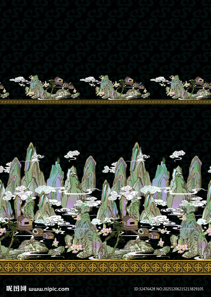 中式山水刺绣图案汉服