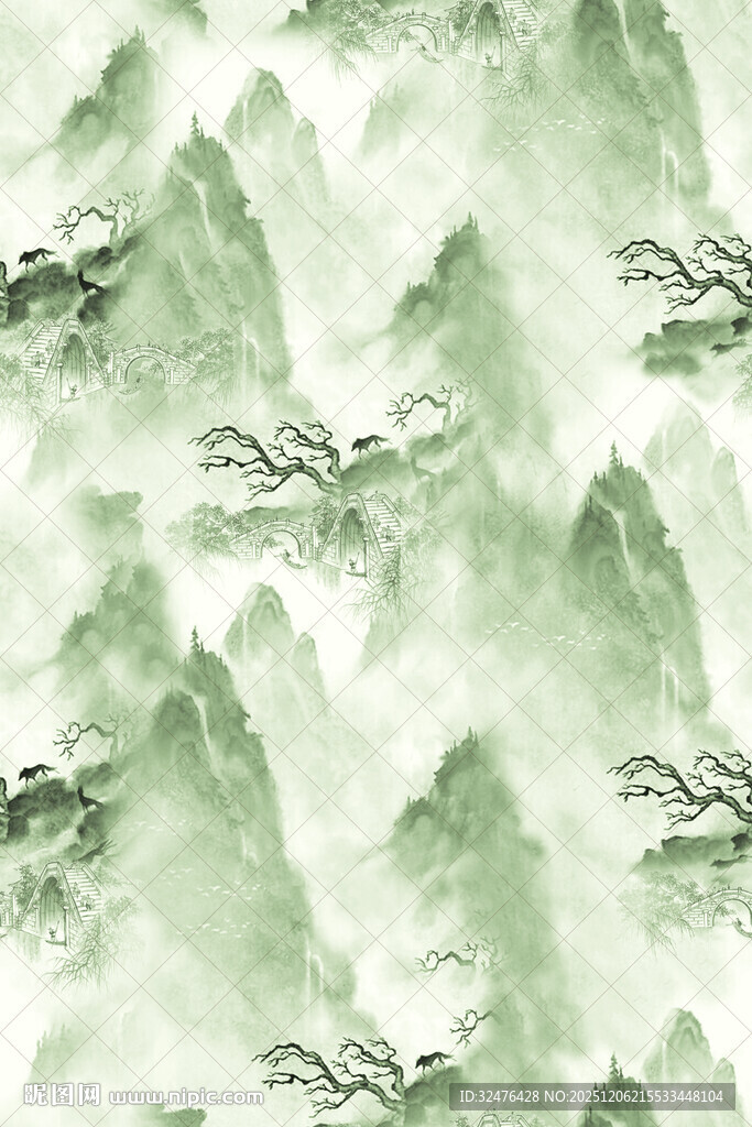 水墨山水无缝纹理图案汉服
