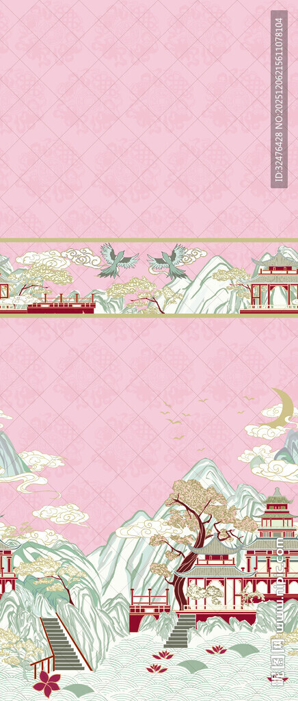 粉色古风建筑风景图汉服