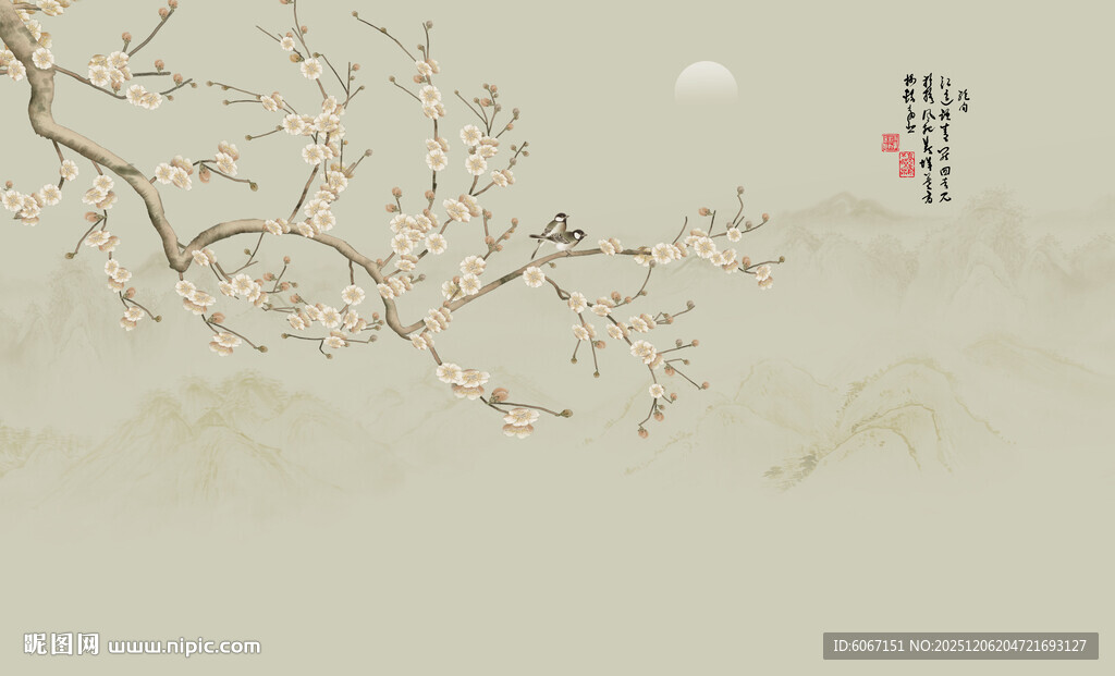 新中式古风工笔花鸟画背景墙