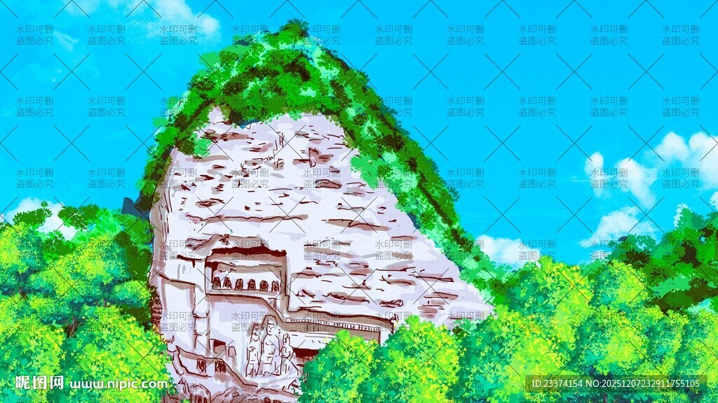 麦积山石窟插画