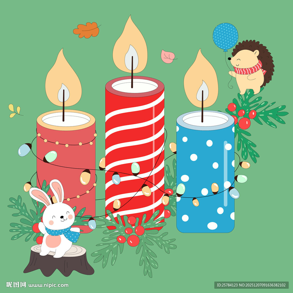 冬季圣诞节蜡烛兔子刺猬动物插画