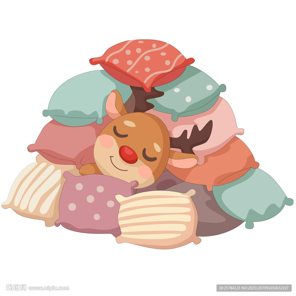 圣诞节驯鹿枕枕头睡觉圣诞节插画