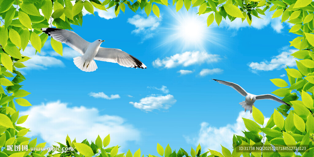 蓝天白云绿叶天花吊顶壁画