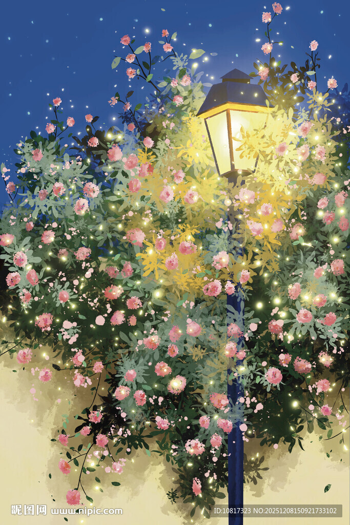 繁花簇拥下的温馨路灯