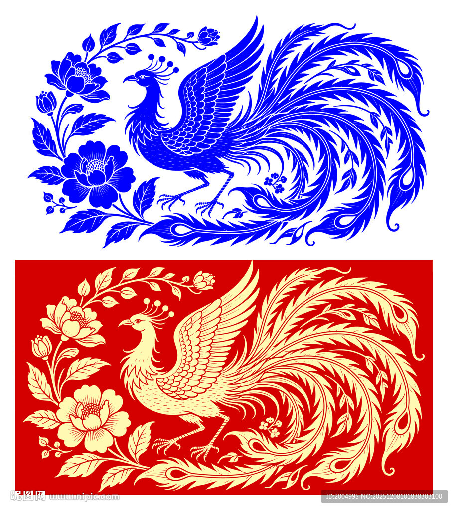 凤凰青花瓷红金图案