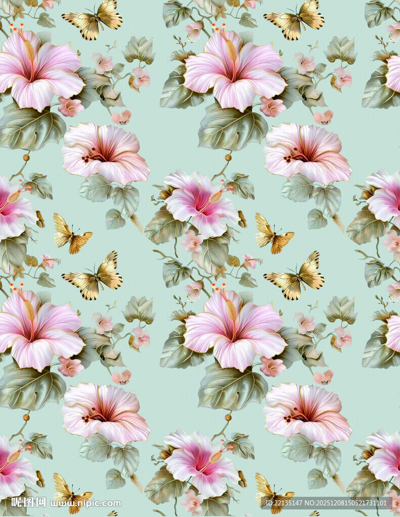 粉色扶桑花与蝴蝶图案