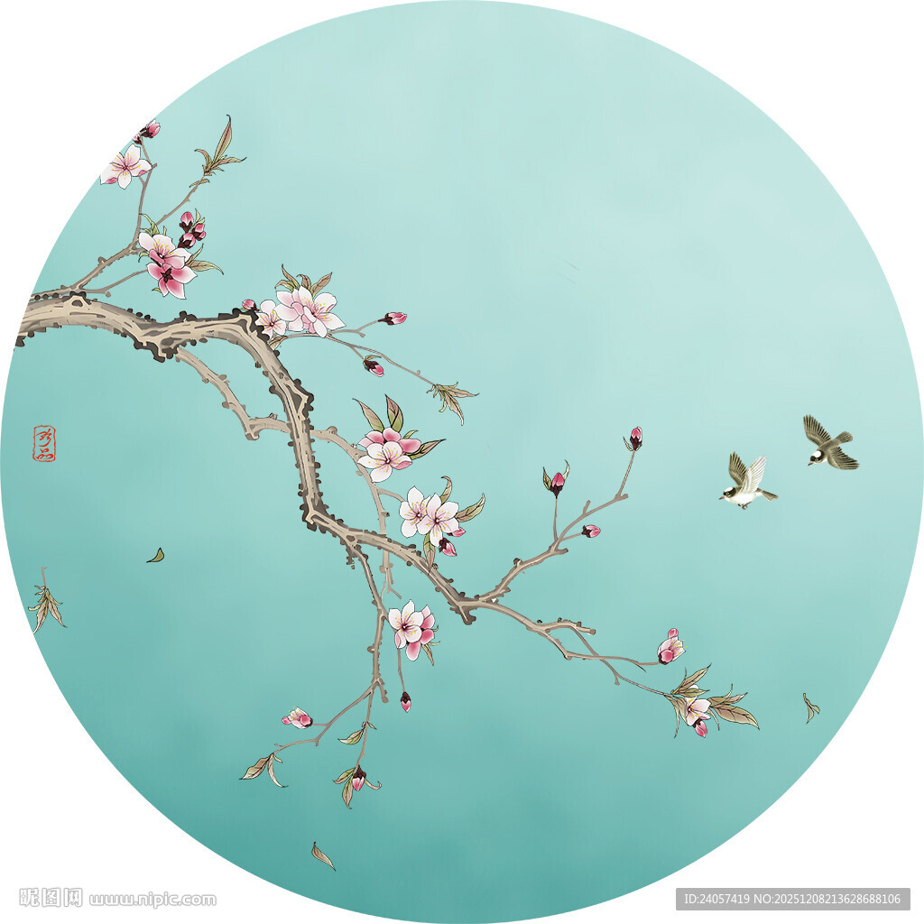 新中式花鸟桃花圆形装饰画
