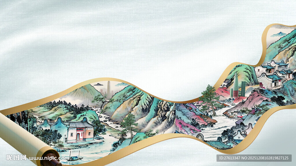 传统山水画卷细分分层素材