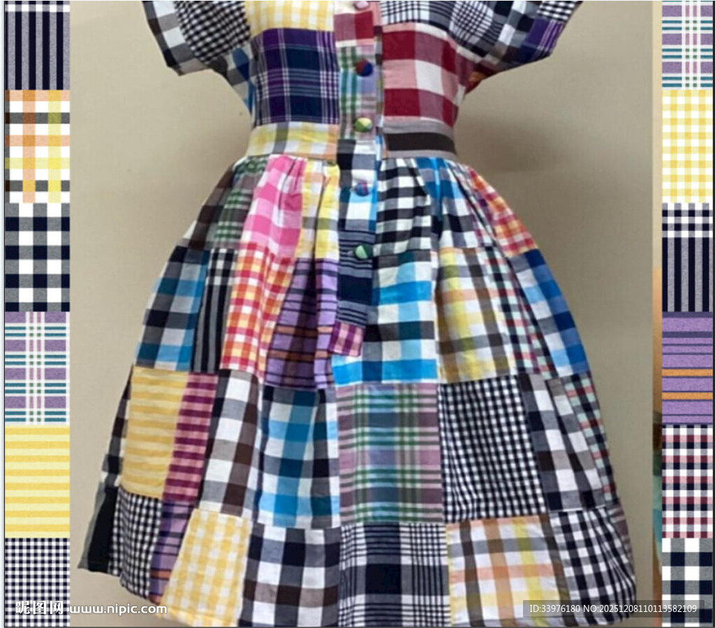 格子拼接连衣裙