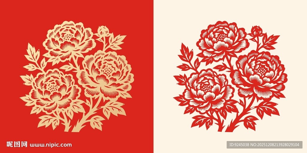 牡丹花传统剪纸纹样矢量图