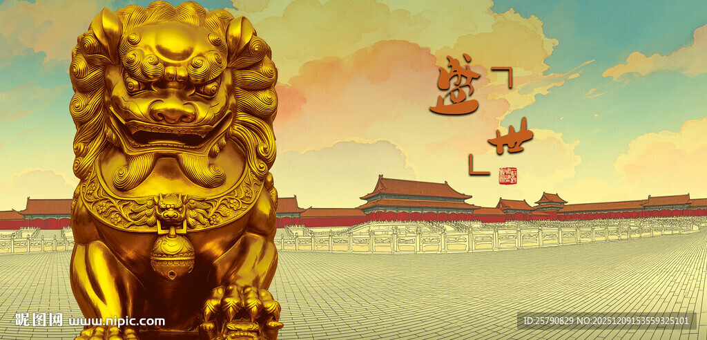 故宫前的威严金色石狮子