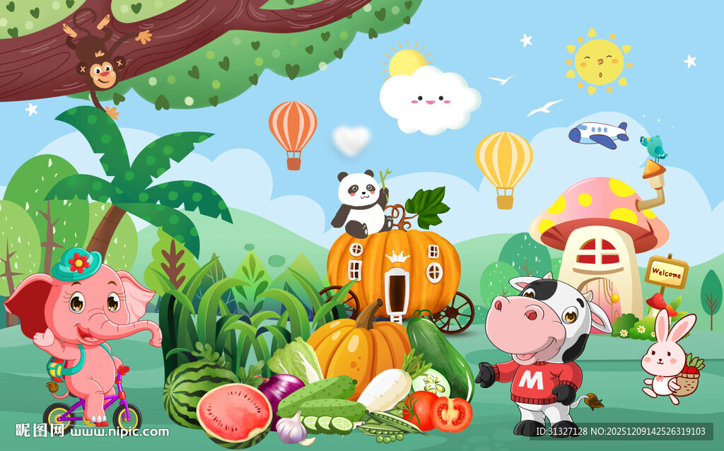 欢乐动物水果聚会背景墙