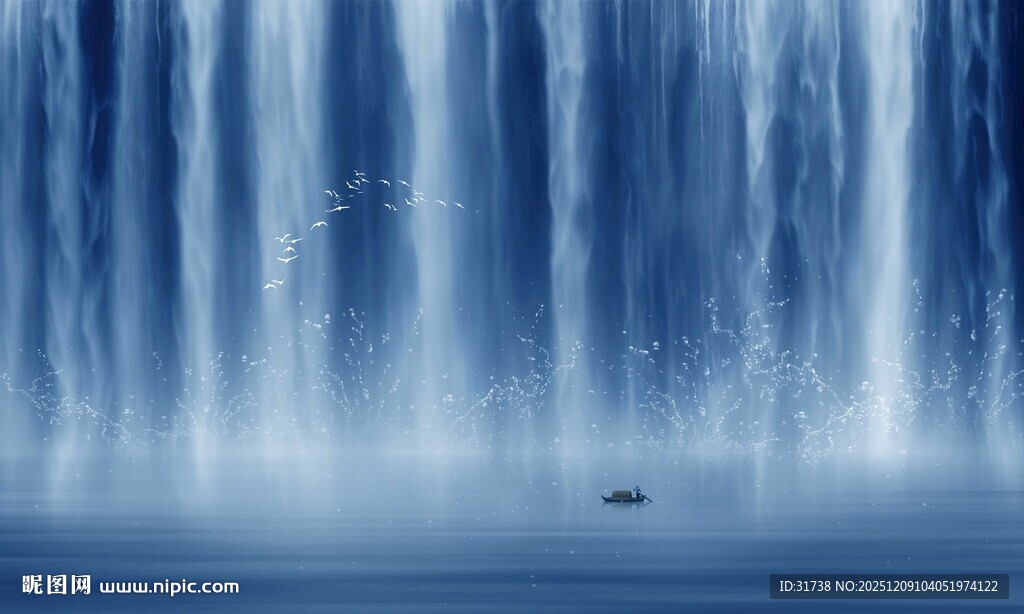 招财瀑布山水画背景幕墙