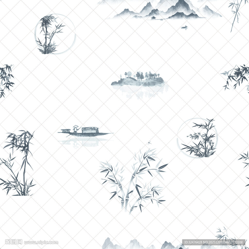 中式水墨山水植物图案