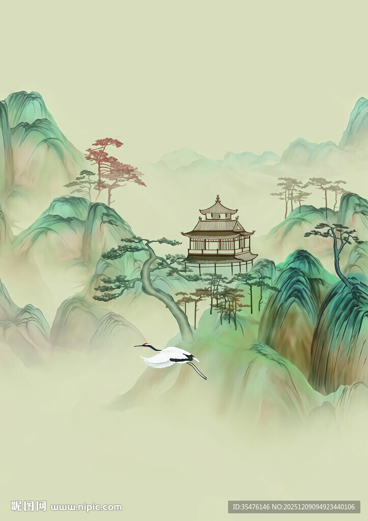 水墨山水间的古韵楼阁