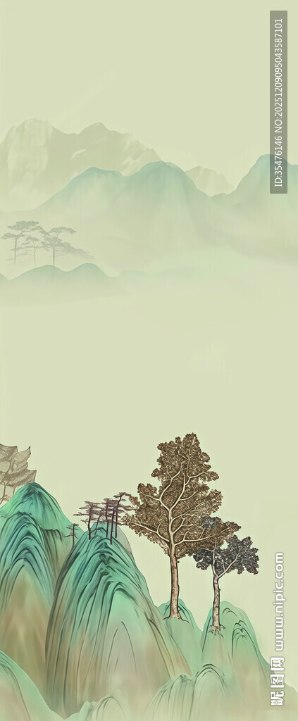 水墨山水间的孤树奇峰