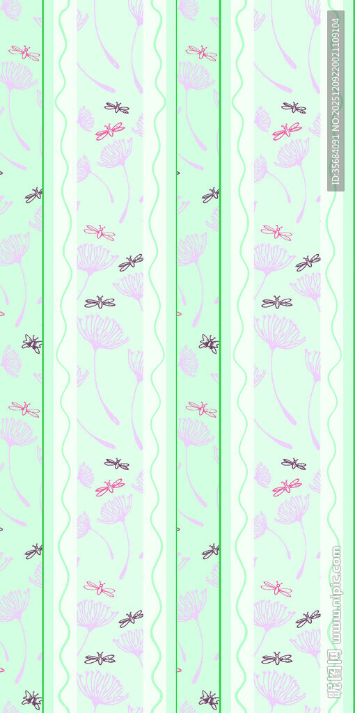 清新绿底花卉条纹图案