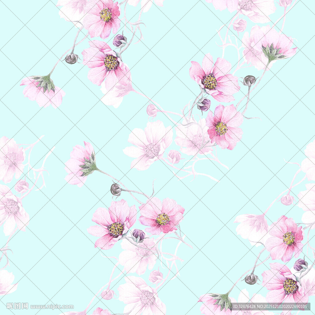 淡蓝底粉色花朵清新图案