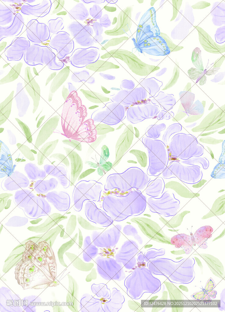 淡紫色花卉蝴蝶水彩图案