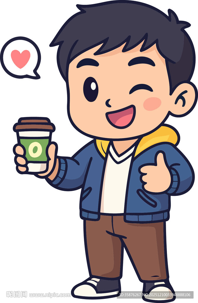 开心男孩手持咖啡竖拇指