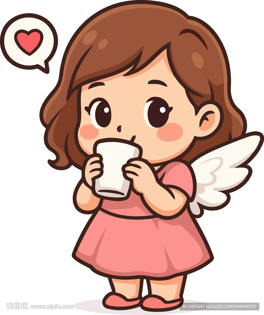 可爱带翼女孩捧杯遐想