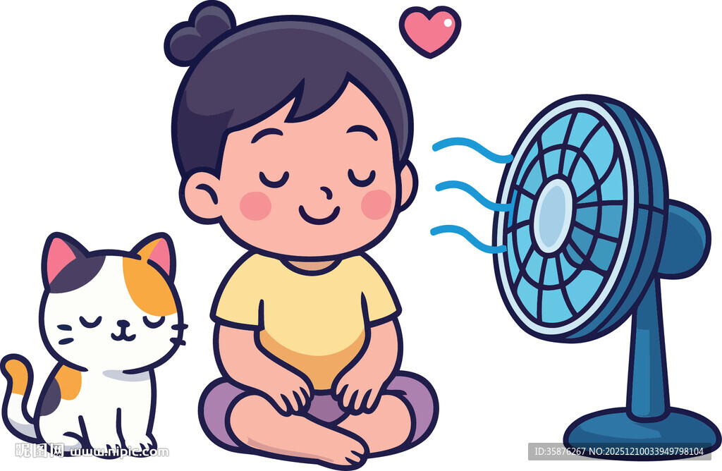 女孩与猫吹风扇的惬意时刻