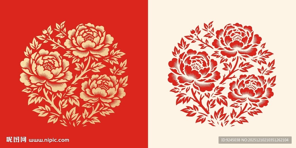 牡丹花传统剪纸纹样矢量图