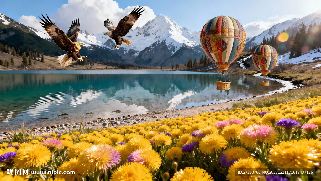 湖畔花海间的热气球与飞鸟