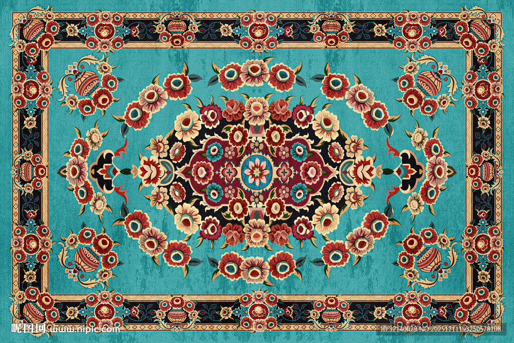 精美复古风蓝色花纹地毯