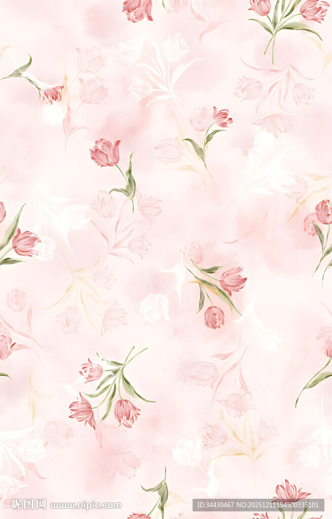 粉色花卉水彩风无缝图案
