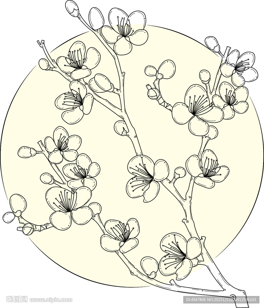 手绘梅花枝图案 矢量图
