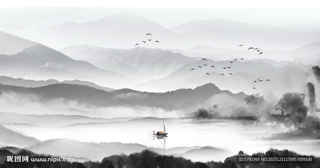 远山近水水墨风景画