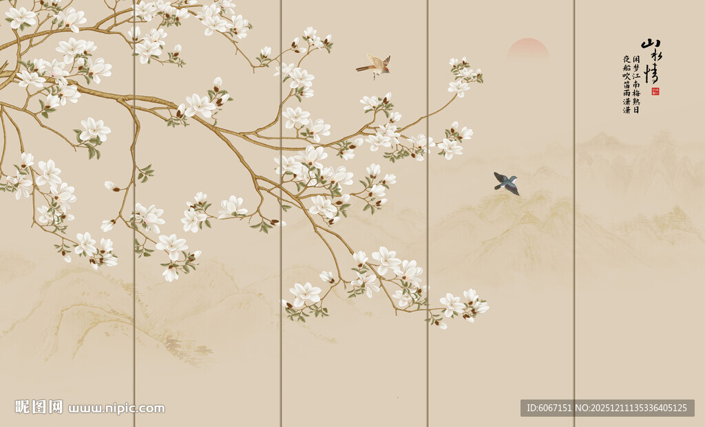 新中式工笔花鸟画背景墙