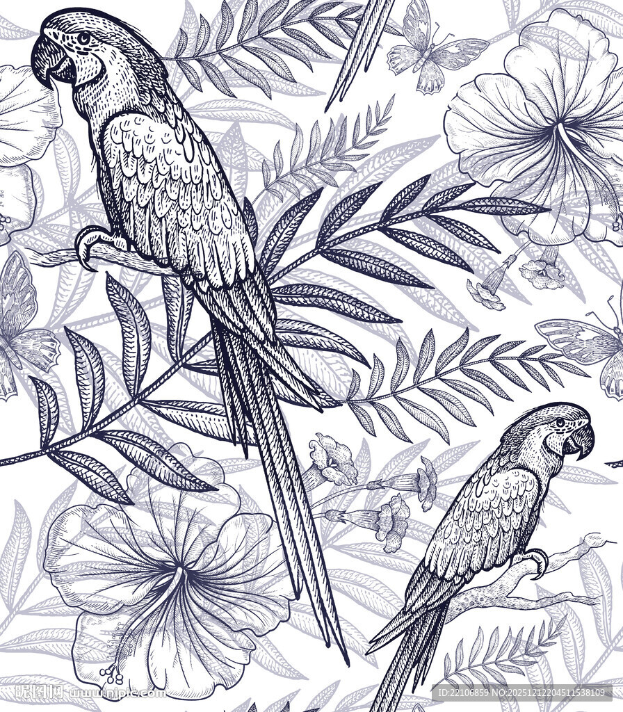 蓝调鹦鹉与花卉植物图案