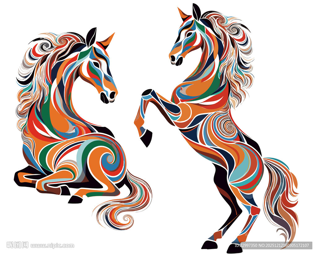 彩色装饰风双马图案